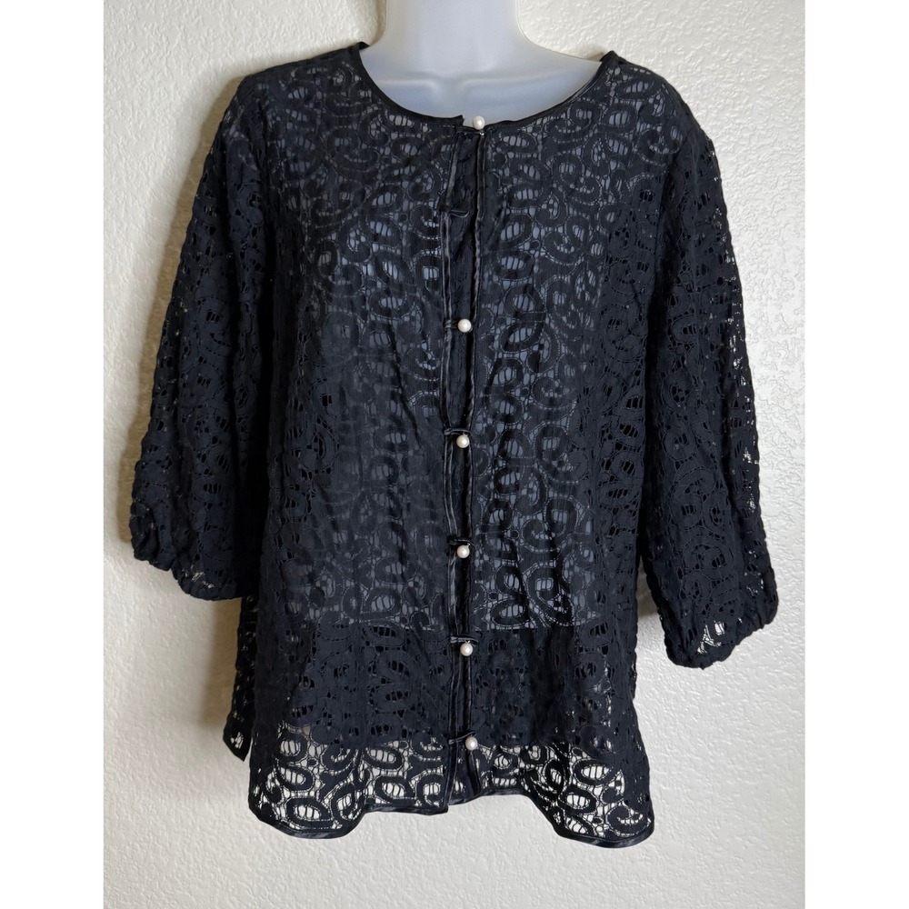 Dennis Basso Women M Cardigan Black Lace Pearl Button 3/4 Sleeve Top Whimsigoth